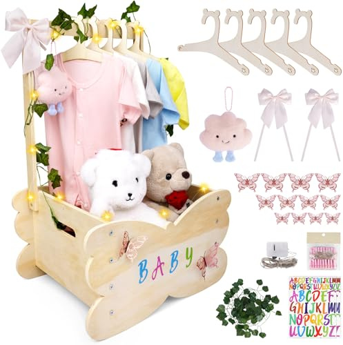 Yamepuia Babyparty Geschenk für Baby,Holz Schmetterling Baby Geschenkkorb mit Griff mit Kleiderbügel Wäscheklammer Tag und Deko ZubehöR,Babyparty Geschenk korb für Schwangere Neue Eltern