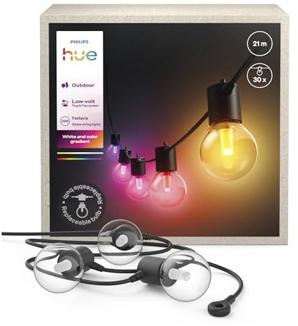 Philips Hue Festavia Globe String Lights, 21M, Black | White and Colour Ambience, 30 Waterproof Bulbs, 26W, Smart LED, Exterior House Lights, Bluetooth App Control, Smart Home