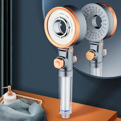 Douchette à main double face, pommeau de douche avec filtre, pommeau de douche haute pression, pommeau de douche à main avec pression d'eau réglable, 3 modes, arrêt d'eau à un bouton, gris-orange
