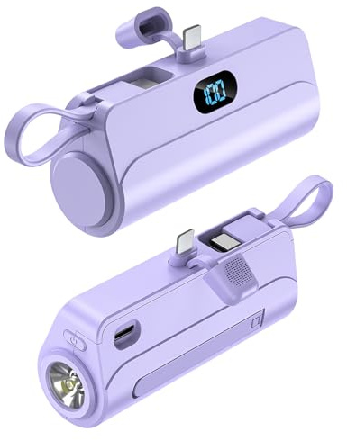 Flintronic Mini Bateria Externa, 5000mAh Cargador Portátil con Cable USB C Integrado, Carga Rapida Power Bank, Compacto Powerbank, con Linterna y Soporte, con Pantalla LED Compatible con iPhone etc