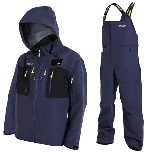 Navis Marine Herren Angelanzug 3L-Gore Pro-Tex Wasserdichte Atmungsaktive Angeljacke & Latzhose für Professionelle Fischer NS-491(Navy,XXL)