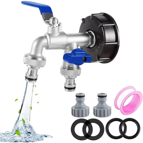 Robinet Cuve 1000L S60X6 IBC Raccord Robinet avec raccord de tuyau Robine double sortie 1/2+3/4Adaptateur de Réservoir en Alliage d'aluminium Robinet de Jardin avec Adaptateur en Plastique(bleu)