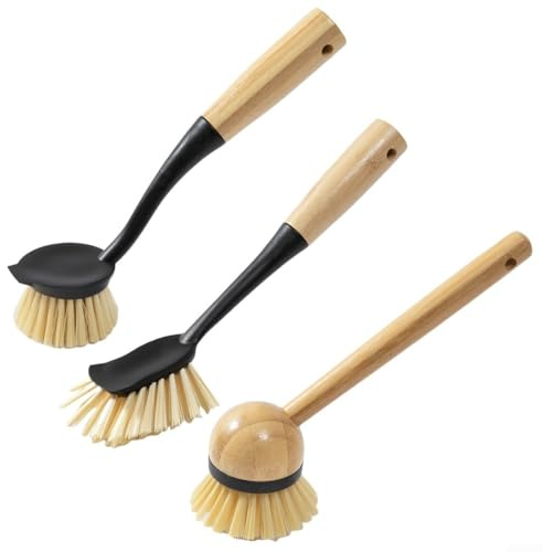 Küchenbürste mit Holzgriff und Schaber für den Haushalt Topfreinigung Effizientes Fleckenentfernungswerkzeug mit hängendem Design (schwarz)