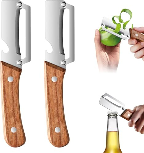 Pelador de verduras multifunción 2 en 1 para cocina con hoja de acero inoxidable ultraafilada y mango de madera ergonómico: pelar patatas, zanahorias y abrir botellas de vino sin esfuerzo (2pcs)