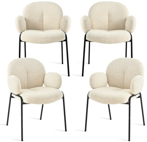 Goeurvant Esszimmerstühle 4er Set Beige mit Armlehne - Moderne Polsterstühle mit Hoher Lehne,Metallgestell,Höhenverstellbare Füße,Leinen Küchenstühle für Wohnzimmer,Esszimmer,Schlafzimmer
