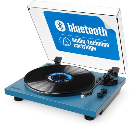 MAJORITY Stylo Bluetooth Turntable Record Player & Record Deck | AT3600L Cartridge, Anti-Skate & Pitch Control | Phono/Line Out | Aluminium Platter, 7-12 Records | 33/45 RPM (Blue)