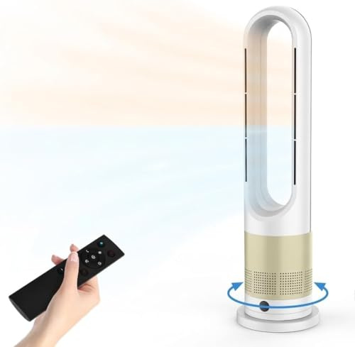 MoraRise Bladeless Tower Fan Heater, Hot and Cold Fan with Remote Control, 80° Oscillating Space Heater for Home Bedroom Office, Portable Air Cooler, Quiet Cooling & Heating (Gold, Bladeless)