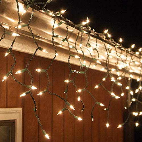 Kringle Traditions 150 Clear Icicle Lights Green Wire, Christmas Outdoor Hanging Lights Christmas Holiday Lights Outdoor Decorative Icicle Lights, UL Listed (150 Lights, Clear, Green Wire)