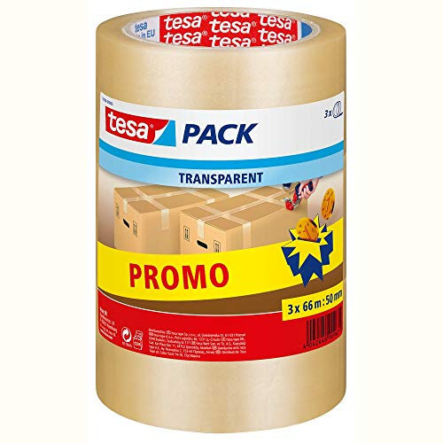 tesa 57008-00000-01 - Lote de rollos de cinta de embalaje transparente (3 unidades, polipropileno, 66 x 50 mm)