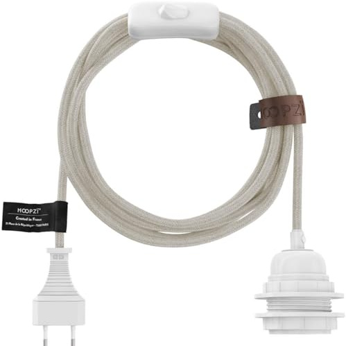 Hoopzi Bala Dekoleuchte zum Aufhängen, Befestigen und Wickeln | 4,5 m Leinenkabel, E27-Fassung, Stecker und Schalter, Pendelleuchte, Farbe: Natur/Weiß