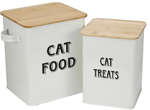 Pet Food and Treats Containers Set with Scoop for Cats or Dogs - Beige Powder-Coated Carbon Steel - Tight Fitting Wood Lids - Storage Canister Tins - Cat Food
