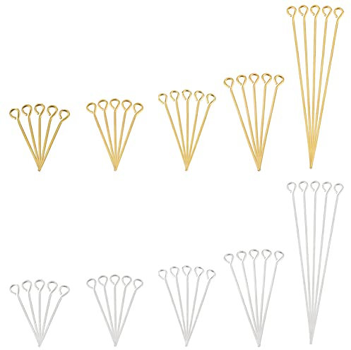 PH PandaHall 600 Stück Nietstifte mit Öse 5 Größen Messing Nietstifte ösenstifte Eye Pins Open Eye Pin Schmuckstifte für Ohrring Anhänger Perlen Schmuck DIY Golden/Silber, 2/2.2/2.6/3/5cm