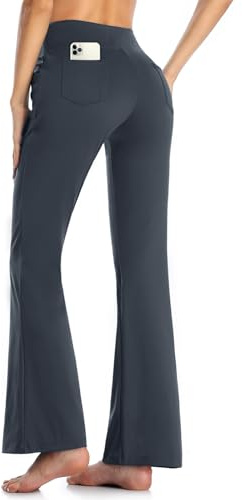 MOVE BEYOND Pantalon de Yoga Bootcut avec 4 Poches pour Femmes Pantalon Bootleg de contrôle du Ventre, Gris, S
