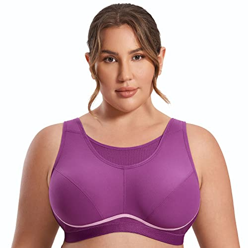 SYROKAN High Impact Sport-bh För Damer Plus Size Wirefree, Icke-vadderad Helfigursbehå Lila 95D
