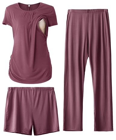 SUNNYBUY Mammakläder för kvinnor, amningspyjamas-set, kortärmade underkläder, graviditetsshorts och byxor, 3-delat amningskyjamas-set, Mörkröd, XXL