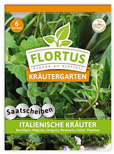FLORTUS Italienische Kräuter Saatscheiben | 6 Sorten | Kräutersamen in praktischen Saatscheiben | Kräutermischung Samen | Kräutersamen für Basilikum, Majoran, Oregano, Rosmarin, Salbei, Thymian