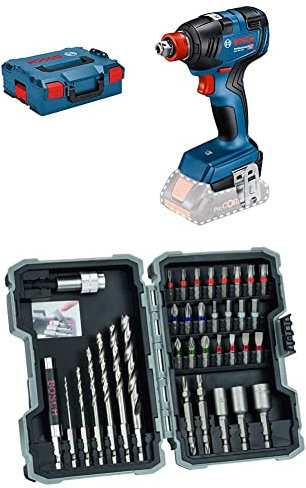 Bosch Professional Akku Drehschlagschrauber GDX 18V-200 (ohne Akkus und Ladegerät, in L-BOXX 136) + 35tlg. HSS Holz Bohrer und Bit Set Extra Hart (Kreuzschlitz-, Pozidriv-, Hex-, TH-, S-Bit, Zubehör)