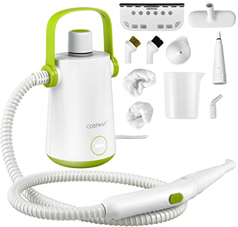 COSTWAY Limpiador a Vapor Multifuncional de 1000W, Máquina de Limpieza de Vapor Portátil con Tanque de Agua de 300ml, Manguera Extendida y Cable Largo, Vaporizador para Ropa, Verde y Blanco