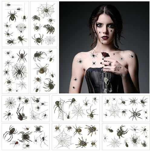 Halloween Tattoos, 10 Blätter Schwarz Spinnen Temporäre Tattoos mit Spinnennetz Gesicht Tattoo, 3D Realistisch Halloween Schminke Tattoo für Masquerade Karneval Party Punk Geschenk