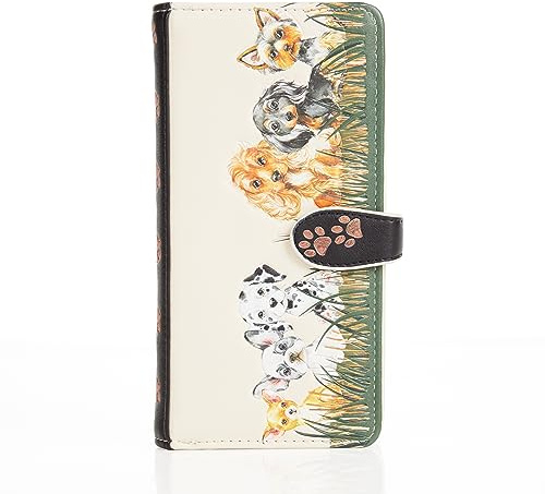 Shag Wear Damen Portemonnaie Mädchen Geldbörse Groß Langformat PU Leder - Viele Fächer/Kartenfächer mit Münzfach mit RFID-Schutz und stilvollen Designs - Puppy Hund Love (Beige)