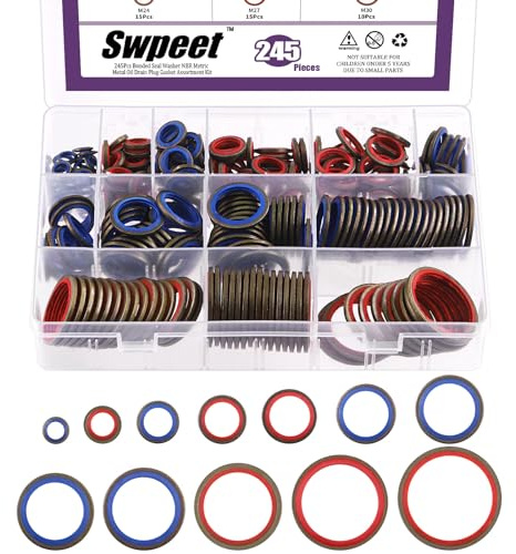 Swpeet 245Pcs 12Sizes 2Colors Self-Centred Dowty Seal Gasket O Ring Kit, Bonded Seal Washer NBR Metric Metal Oil Drain Plug Gasket Kit for Automotive M6 M8 M10 M12 M14 M16 M18 M20 M22 M24 M27 M30