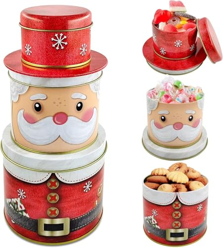 SHOWHEEL 3er Set Weihnachten Keksdose, 3 in 1 Weihnachtsmann Keksdosen, Plätzchendose Metall,Dreistöckige Gebäckdosen, Vorratsdosen für Süßigkeiten Schokolade Cookies zu Winter Advent Weihnachten