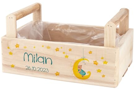 Striefchen® Pflanzkorb aus Holz als Geschenkbox zur Geburt - Motivauswahl - 2 Formen (Mond & Bär blau, 2 Griff)