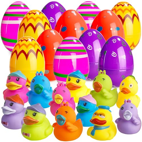 Lubibi 12 Stück Gefüllte Ostereier mit Gummiente,Badeente,Bunte Ostereier mit verschiedenen gelben Enten zum Spaß,Ostern Eier für Ostern Partyzubehör,Osterkorb Füllstoffe,Kinderspielzeug
