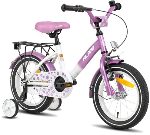 HILAND Starry 12/14/16 Zoll Kinderfahrrad, Mädchenfahrrad mit Stützrädern, Rosa/Lila Kinderfahrrad Handbremse Rücktrittbremse Gepäckträger