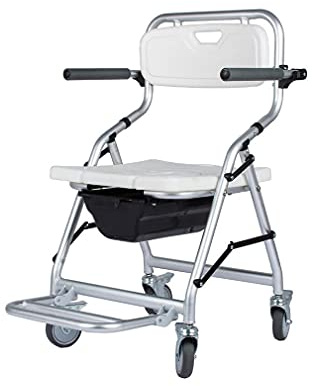 Mobiler Duschstuhl mit Rollen Toilettenstuhl mit Rückenlehne Rollstuhl Dusche Transportstuhl Breite 41cm Höhe 46cm 4 Radbremsen Sicherheitssitz Faltbar Behinderte Person (Stuhl)