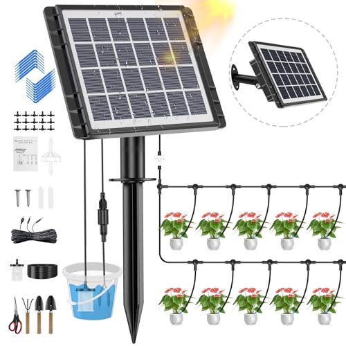 Skycow Système d'irrigation solaire pour jardin – Kit d'irrigation goutte à goutte automatique 2 W 2 W avec 15 pots pour intérieur et extérieur Système d'arrosage anti-siphonnage 25 modes de