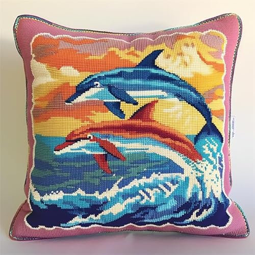 kitphoenix Knüpfkissen Set Delfin Latch Hook Kissen Kit für Kinder oder Anfänger Erwachsene zum Selber Knüpfen, DIY Knüpfteppich Knüpfpackung, Knüpfhaken Set 43 x 43 cm