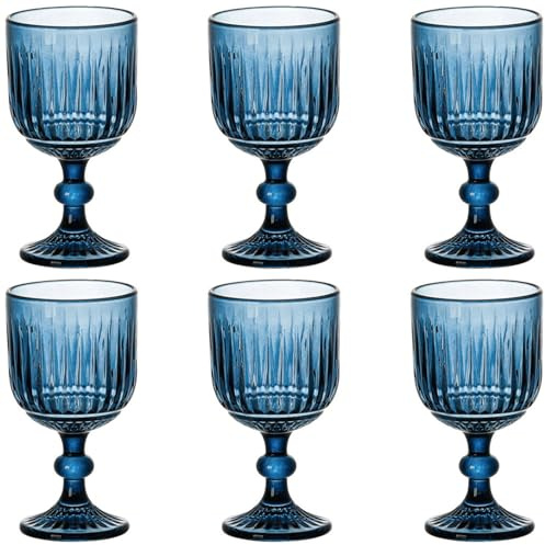 Taganov Blue Glasses Drinking Wine Water Goblets set of 6 Colored Stemware Vintage Glassware 11 ounce for Wedding Party Bar Vertical Embossed Pattern Stemmed Cups 330 ml