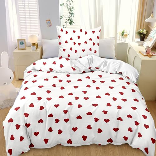 LOMUG Bettwäsche 135x200 Herzen Kinder Bettwäsche Mädchen Rot Weiß Herz Bettbezug und Kissenbezug 80x80 cm Superweiche Microfaser Herzchen Bettwäsche Set mit Reißverschluss, Einzelbett Bettbezug