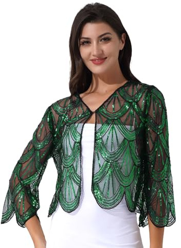 Moggemol Womens Sparkly Sequins Cardigan Long Sleeve Sheer Lace Shrug Glitter Bolero for Evening Dress Black&Green One Size