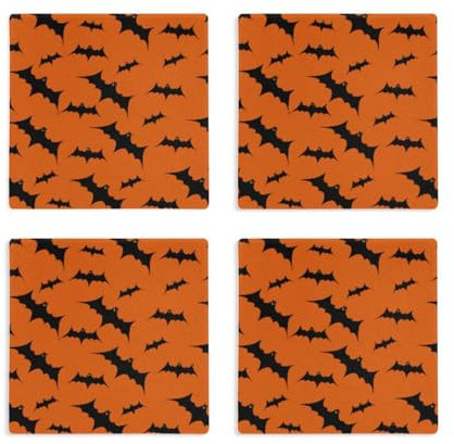 Posavasos cuadrados de madera de murciélago de Halloween para portavasos, reutilizables, decoración de apartamentos, estética, juego de 4 (escenario)