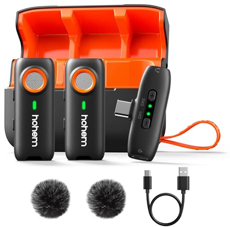hohem MIC-01 Wireless Lavalier Microphone, Noise Cancellation,48kHz 328ft Range, 20 Hours Battery, Wireless Microphone for Android, PC, Camera, Video Recording (2TX + 1RX + Charging Case)