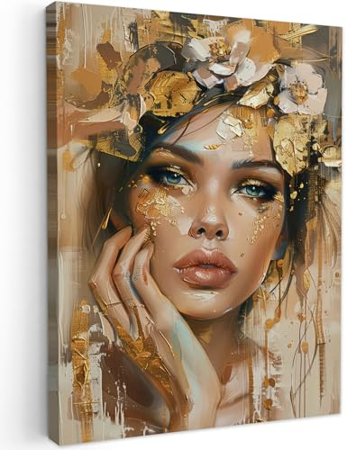 MuchoWow© Cuadros Decoracion Salon Modernos Dormitorios Cuadro Decorativos | 50x70 cm - de Lienzos Decorativo Decoración Cabecero Cama Mujer - Flores - Oro - Retrato