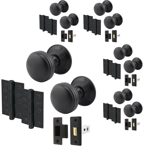 EAI Matt Black Door Knobs with Latch 76mm and Hinges, 4 Pack - Lined | Complete Latch Kit with 4 Pairs of Lined Mortice 55mm Door Knobs, 76mm Latches, 76mm Hinges, Fixings Included