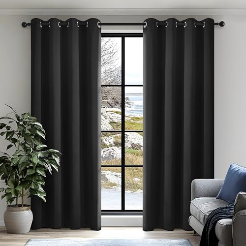 Deconovo 100% Verdunkelungsvorhänge Gardinen mit Ösen Schlafzimmer Blickdicht Vorhang Verdunkelung Thermo Vorhänge Kälteschutz Wärmeisolierend, 260x138 cm(HöhexBreite), Schwarz, 2er Set