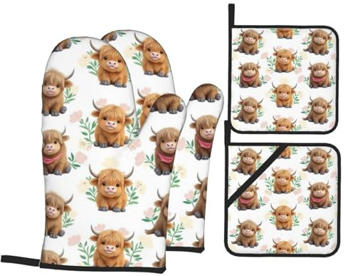 4 Pcs Cute Highland Cow Oven Mitts and Potholders,Kitchen Oven Glove with Pot Holders,Non-Slip Gloves High Heat Resistant 500 Degree for BBQ, Grill, Baking, Cooking, Oven, Microwave