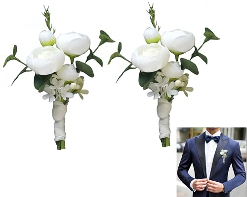 Weiße Brustblume für Hochzeiten, Kartennadel, Brustblume, künstliche Blume, geeignet für Hochzeitstage, Tänze, Partys und Trauzeugen, Heimdekoration (2 Stück) (Ansteckblumen, 2 Stück)