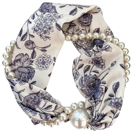 ZBIianxer Elegantes Halstuch Mit Perlenkette Und Magnetischer Schnalle Für Damen Vintage Blumen Seidenhalstuch