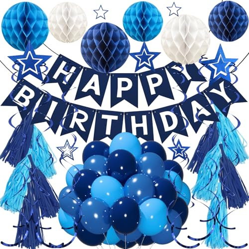 Marineblaue Geburtstags Dekorationen - Happy Birthday Girlande Party Zubehör mit Wabenball, Quaste, Hängende Wirbel Streamer, Ballon Blue Party Dekoration für Jungen Männer Enfant