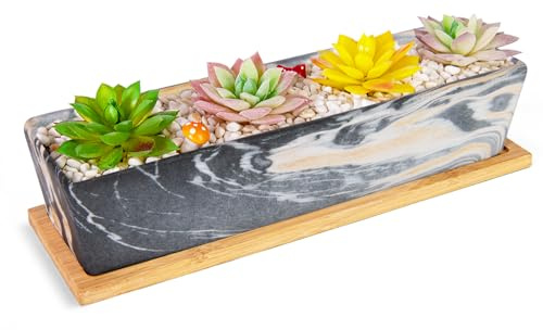 ARTKETTY Succulent Plant Pots - Large Succulent Planters with Drainage Tray, Window Sill Planter, Long Rectangle Ceramic Pot for Indoor Cactus Plants Shallow Bonsai Window Box | Long Rectangle Cactus Flower Plants Shallow Bonsai Window Box for Home Garden Decor