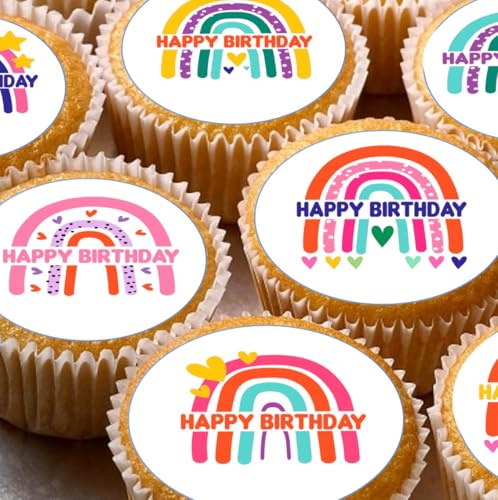 Happy Birthday Pre-cut Edible Wafer Cupcake Toppers, Round Rainbow Cake Decorations x 24