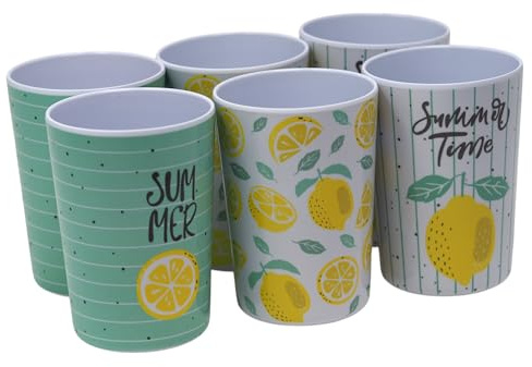 Blue Whale Gifts Reusable Melamine Plastic Summer Drinking Cups with Lemon Design - Set of 6