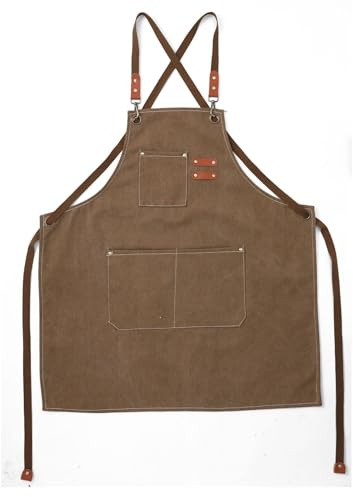 SK-QACD Delantales de chef para mujer y hombre con bolsillos grandes Delantal de trabajo repelente al agua con 3 bolsillos y espalda cruzada de lona de algodón (marrón)