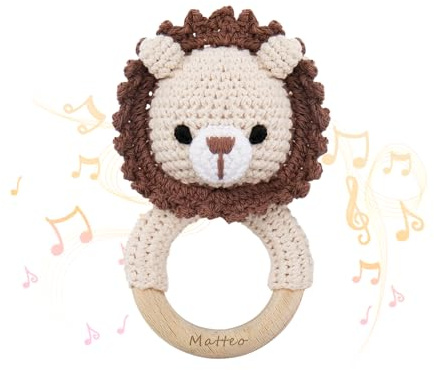 AAQ Personalisierte Beißring Baby, Babyrassel mit Namen, Personalisierter Greifling Baby, Babygeschenk Personalisiert für Jungen Mädchen (A3-Löwe)