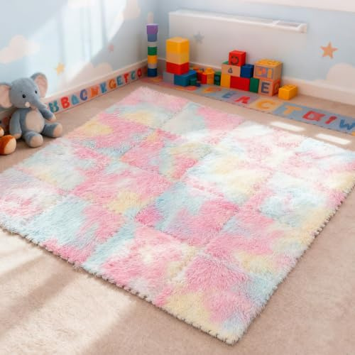 Maasechs 16 Pcs Pastel Shaggy Unicorn Princess Plush Puzzle Foam Floor Mat, 11.8 x 11.8 Inch Soft Interlocking Carpet Tiles, Colorful Shaggy Play Mat for Play Room, Nursery, Dorm Decor